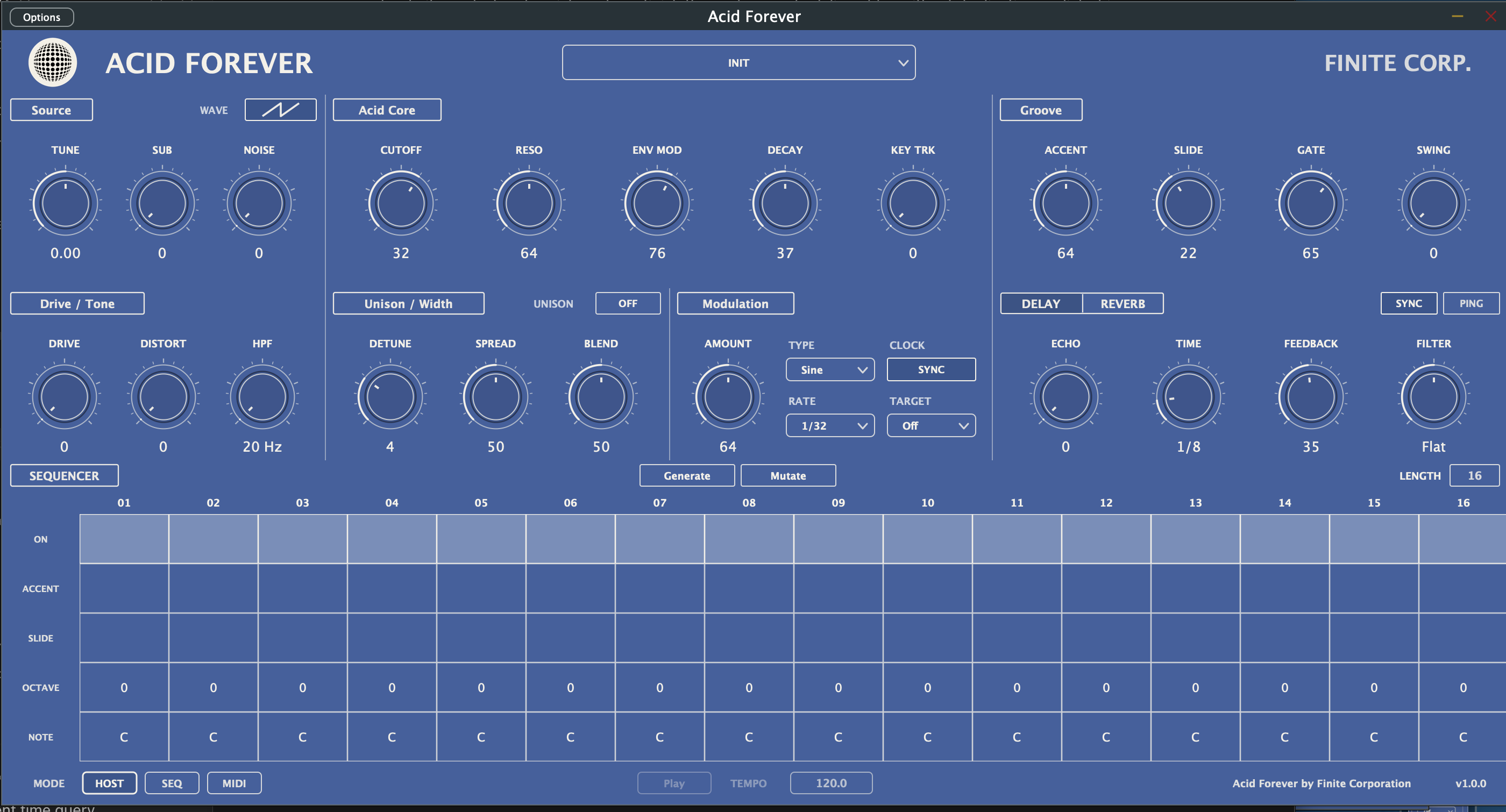 Acid Forever: blue synthesizer interface with acid filter, modulation, delay, reverb and a 16-step sequencer
